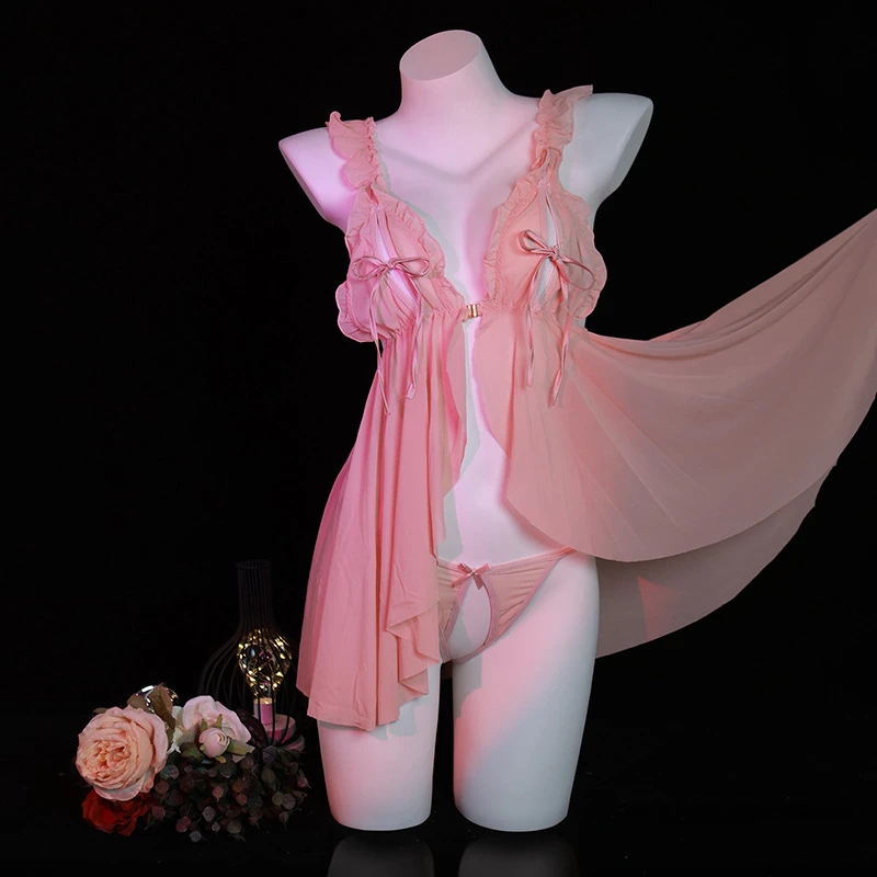 【眼眸】睡衣女夏季性感网纱吊带睡衣飘逸薄款火辣蝴蝶结美背连衣裙