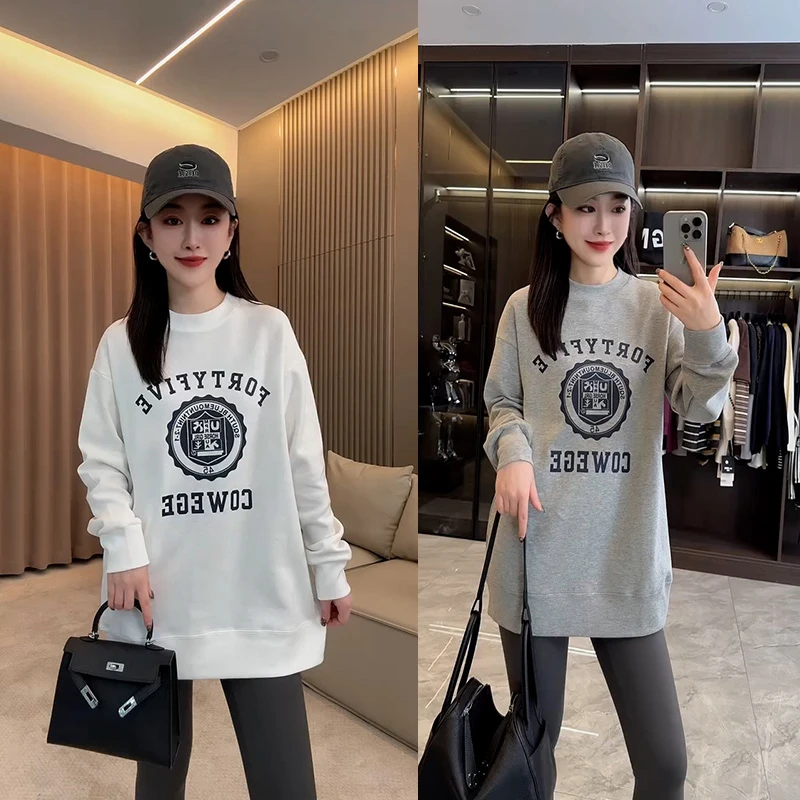 不加绒卫衣女2025秋冬季新款韩版圆领印花宽松显瘦中长款休闲上衣