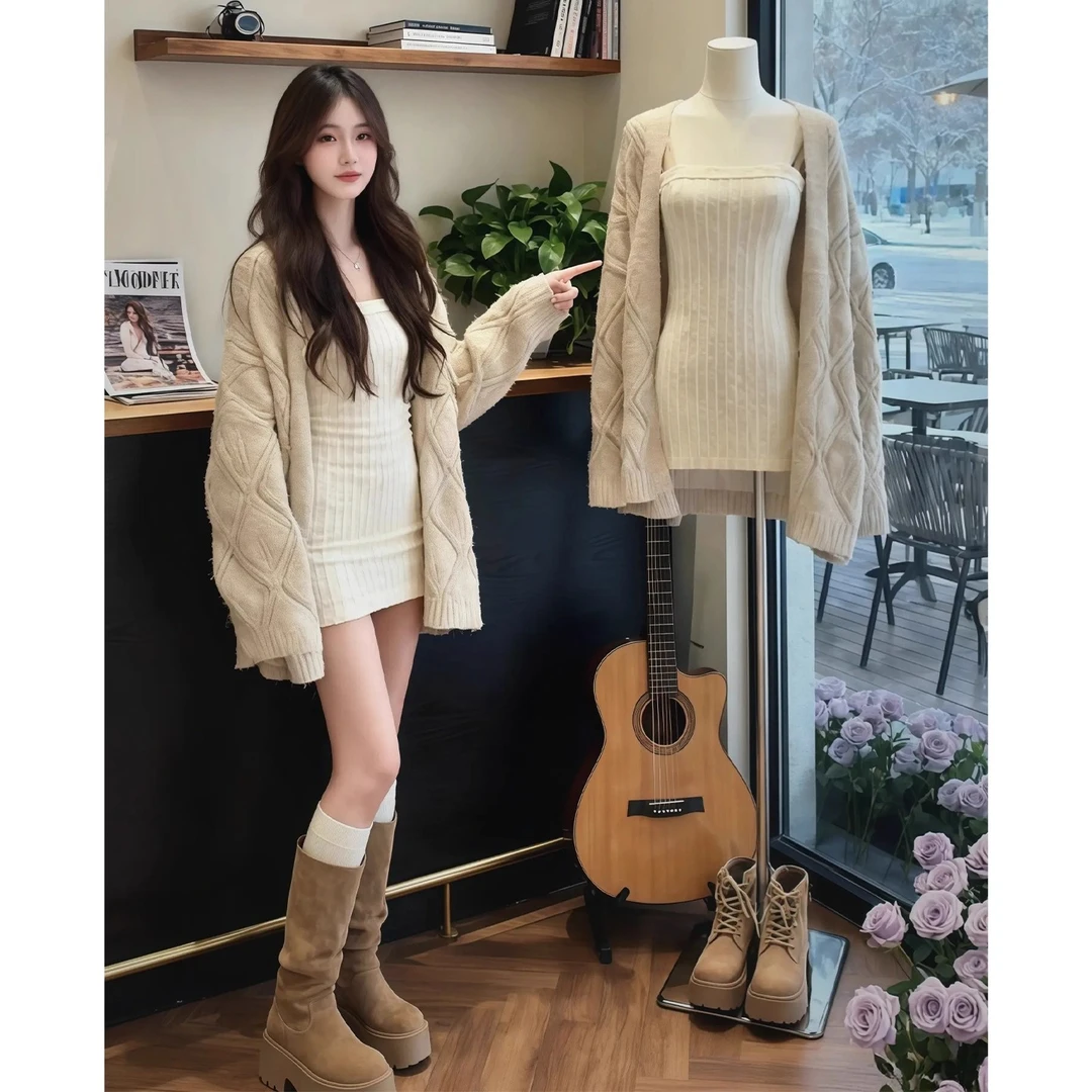 气质一整套ootd穿搭松弛感复古针织外套抹胸连衣裙两件套装2025冬
