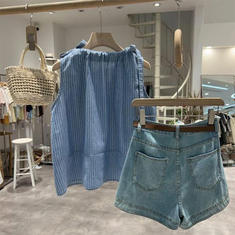 2025夏季新款可调节背心吊带领口系带棉质条纹无袖衬衣设