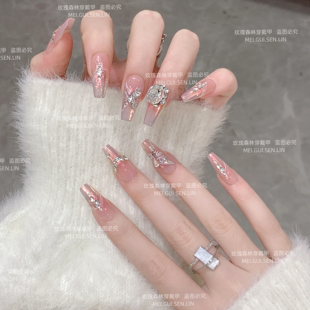 油画庄园 玫瑰森林爆闪纯欲极光粉美甲温柔渐变纯手工穿戴甲
