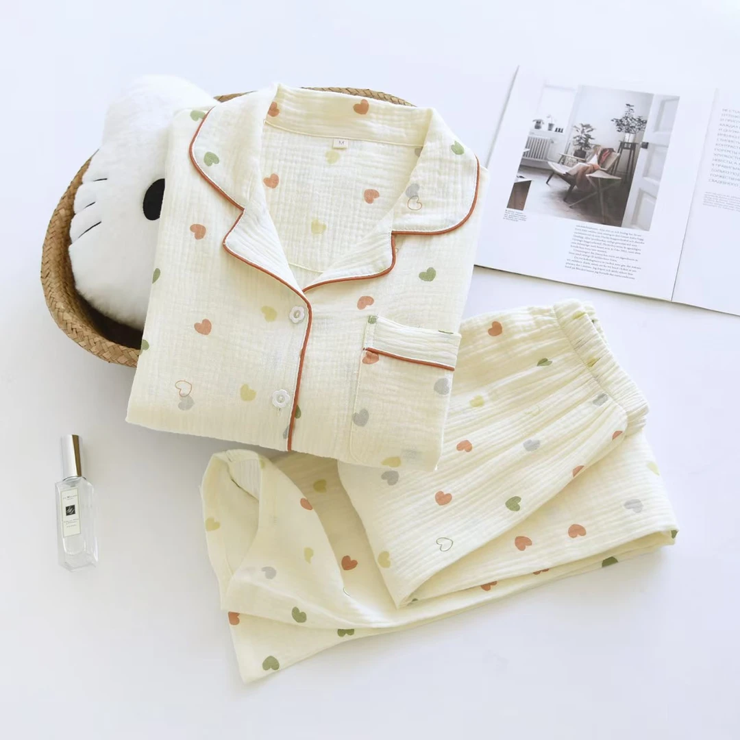 爱心点点双层纱夏季透气超柔分体睡衣