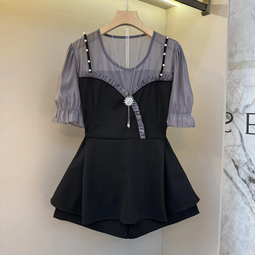 大码女装洋气减龄夏季新款胖MM遮肚显瘦设计感短裤百搭套装3078