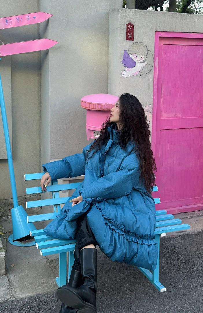 museguhui/木色古汇72586拼接木耳边气质百搭保暖纯色棉服