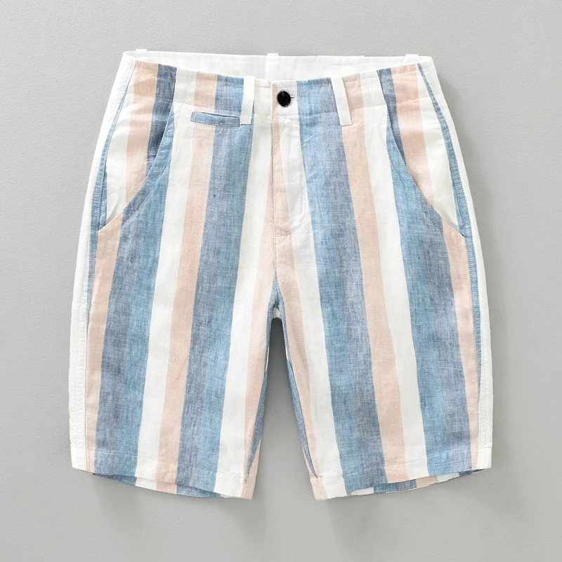 莫安摩萨利薄款拼色条纹亚麻短裤男裤夏季潮流撞色韩版沙滩裤棉麻
