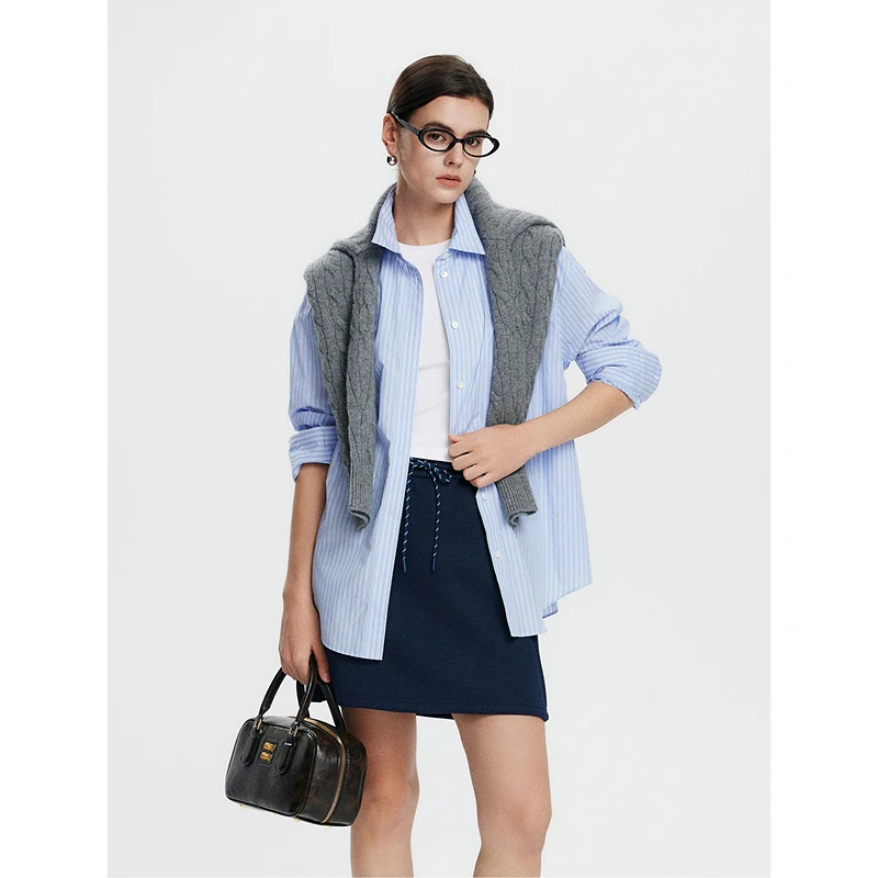 初棉【上新】蓝白条纹长袖衬衫全棉ins风宽松叠穿上衣362604028