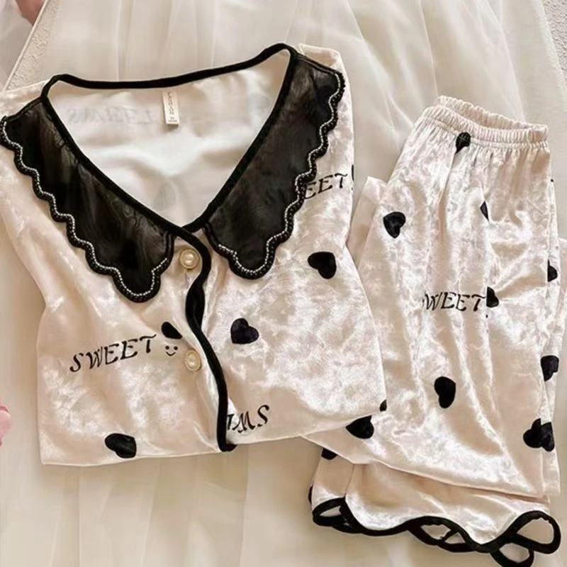 小爱心【金钻绒】秋冬季甜美睡衣女金丝绒套装娃娃领家居服可外出穿