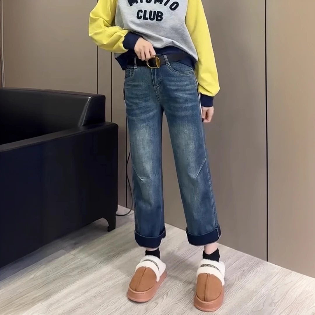 2025春季新款复古显瘦直筒牛仔裤子女大码高腰时尚百搭九分阔腿裤