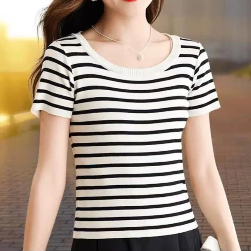 2025夏季新款时尚短款条纹t恤休闲显瘦圆领女士上衣5328长49