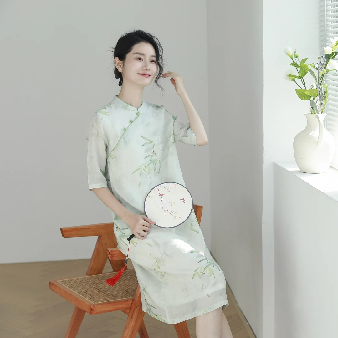 【拾光】2025新款立领 复古纯苎麻双层改良旗袍日常连衣裙