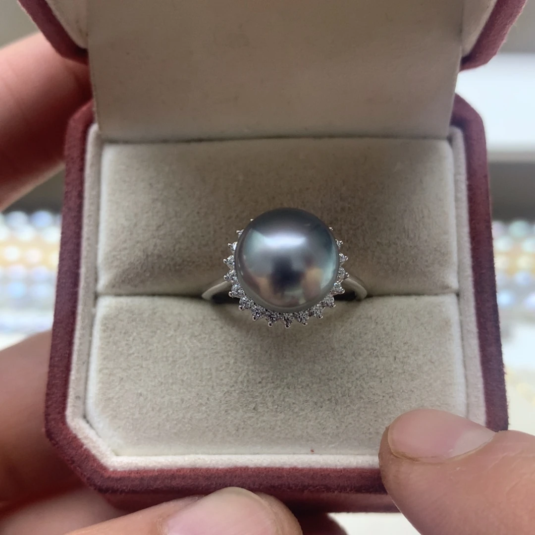 海水珍珠戒指银S925镶嵌10-11大溪地戒指