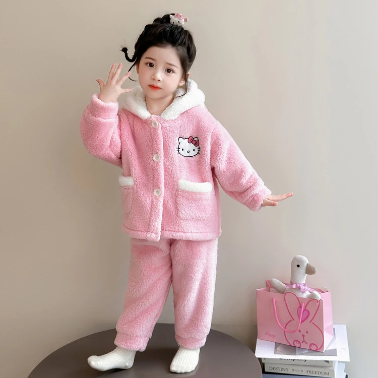 公主风可爱卡通女童睡衣套装秋冬季连帽小女孩幼儿童家居服珊瑚绒