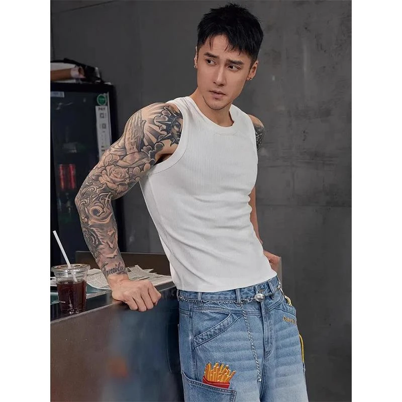 蒋劲夫同款背心男夏季白色螺纹无袖T恤美式户外运动健身坎肩汗衫
