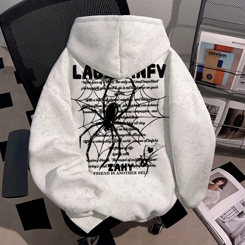 Dekkry潮流创意炫酷蜘蛛印花秋冬蜡染连帽加绒男女款宽松套头卫衣