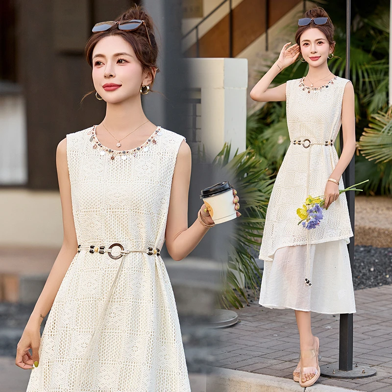 小香风亮片拼接无袖连衣裙女2025夏季新款高级感气质名媛长款裙子