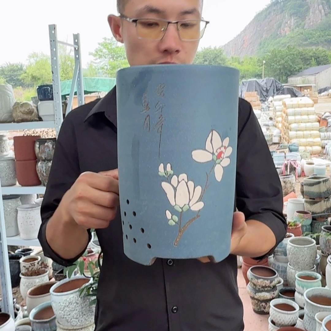 紫砂花盆口16高25（一个玉兰花蓝色