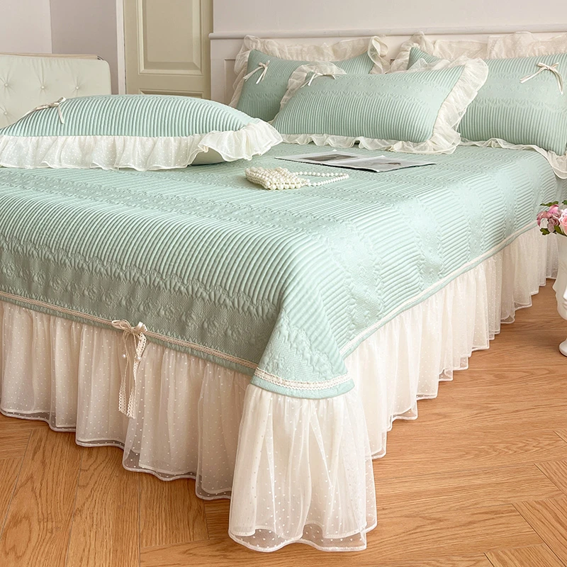 夏季高端床裙冰丝凉感PE提花凉席三件套公主风可机洗蕾丝花边折叠