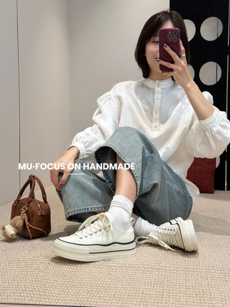 JIELA婕拉新款欧货纯色真皮女鞋厚底松糕鞋白色百搭休闲鞋2677-8