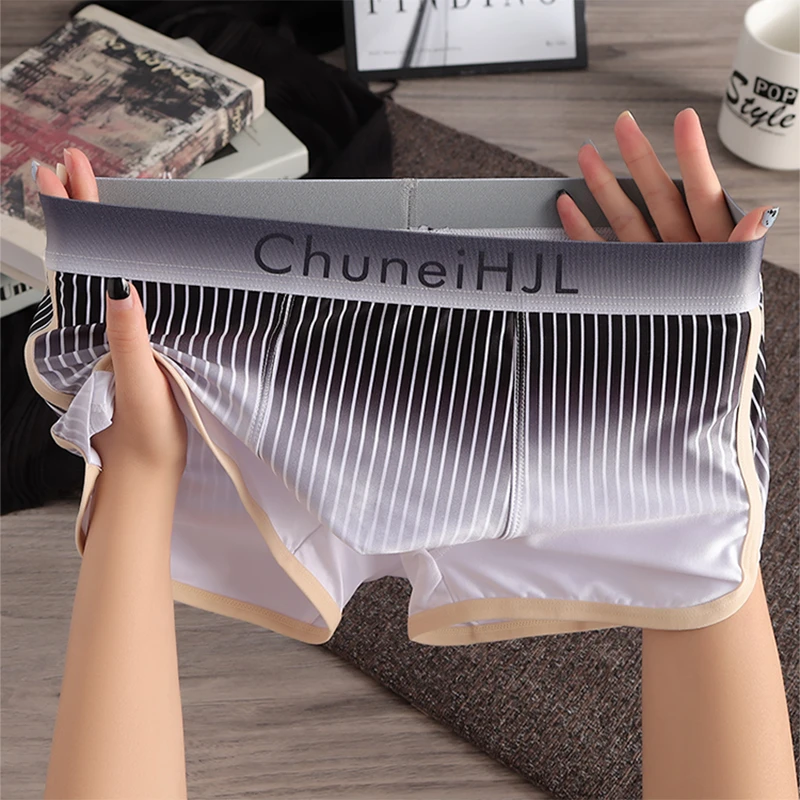 渐变条纹男士内裤棉质舒适透气轻薄平角裤无痕丝滑裸感男款四角裤