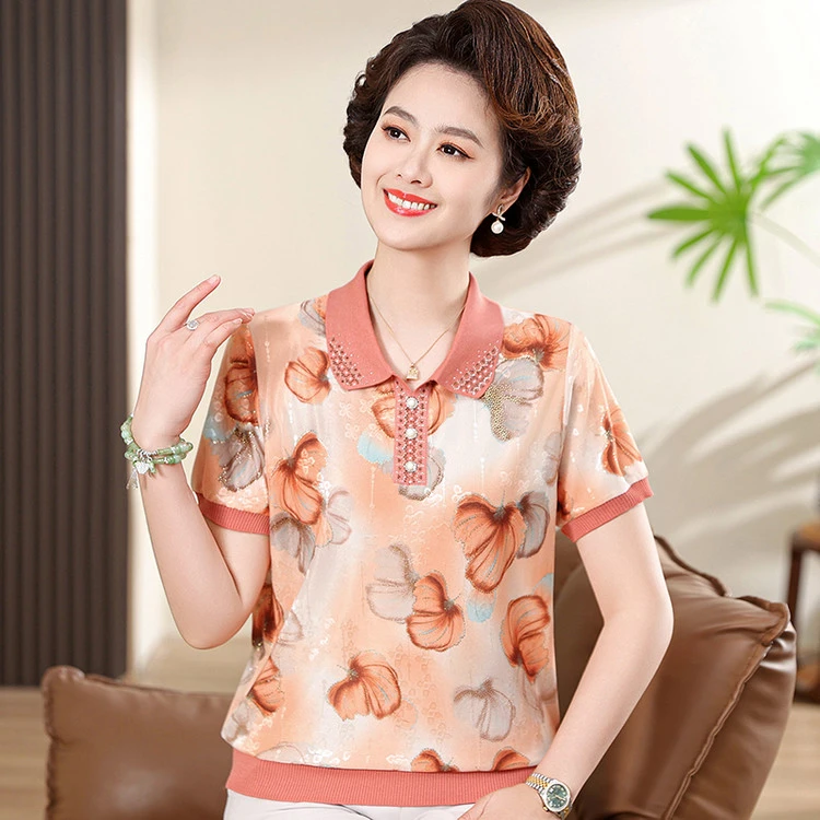 母亲节妈妈夏装2025新款短袖T恤中老年女冰丝翻领打底上衣薄小衫