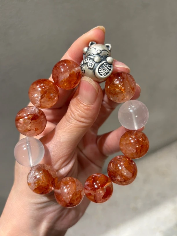 高品红胶花 招财猫925纯银天然水晶