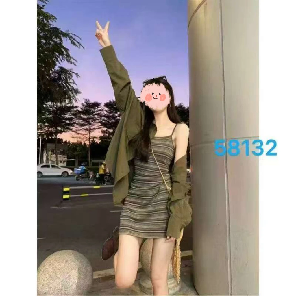 早秋气质辣妹风复古翻领衬衫外套配条纹吊带连衣裙