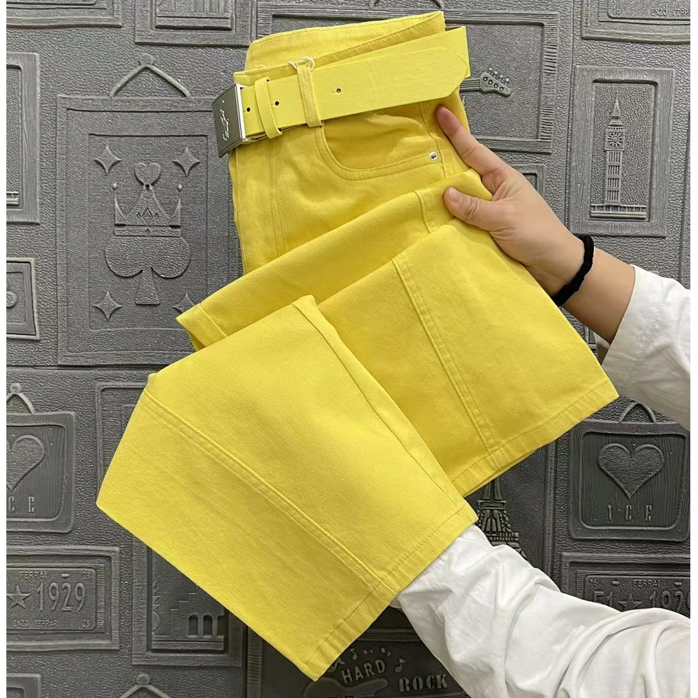 2025春季新款发财黄色牛仔弯刀裤女时尚洋气网红爆款阔腿拖地裤