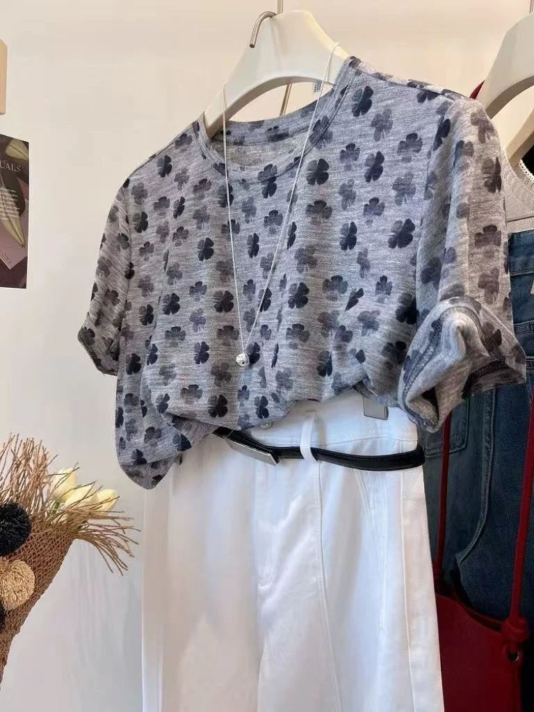 韩系洋气【幸运·四叶草】新款碎花百搭气质休闲圆领纯棉短袖25051