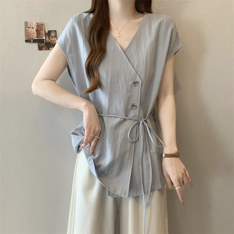 夏季新款大码绑带开衫V领短袖衬衫女微胖妹妹高级感收腰显瘦上衣