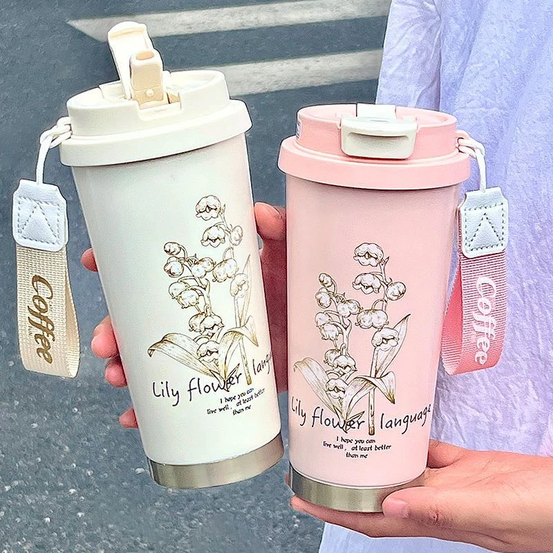 高档轻奢铃兰保温杯咖啡水杯子高颜值男女生吸管双饮学生便携杯子