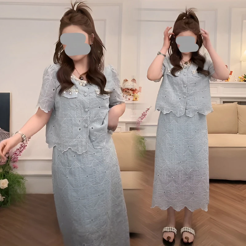 甜美镂空蕾丝时尚套装女夏季短袖小香风上衣阔腿短裤韩版两件套潮