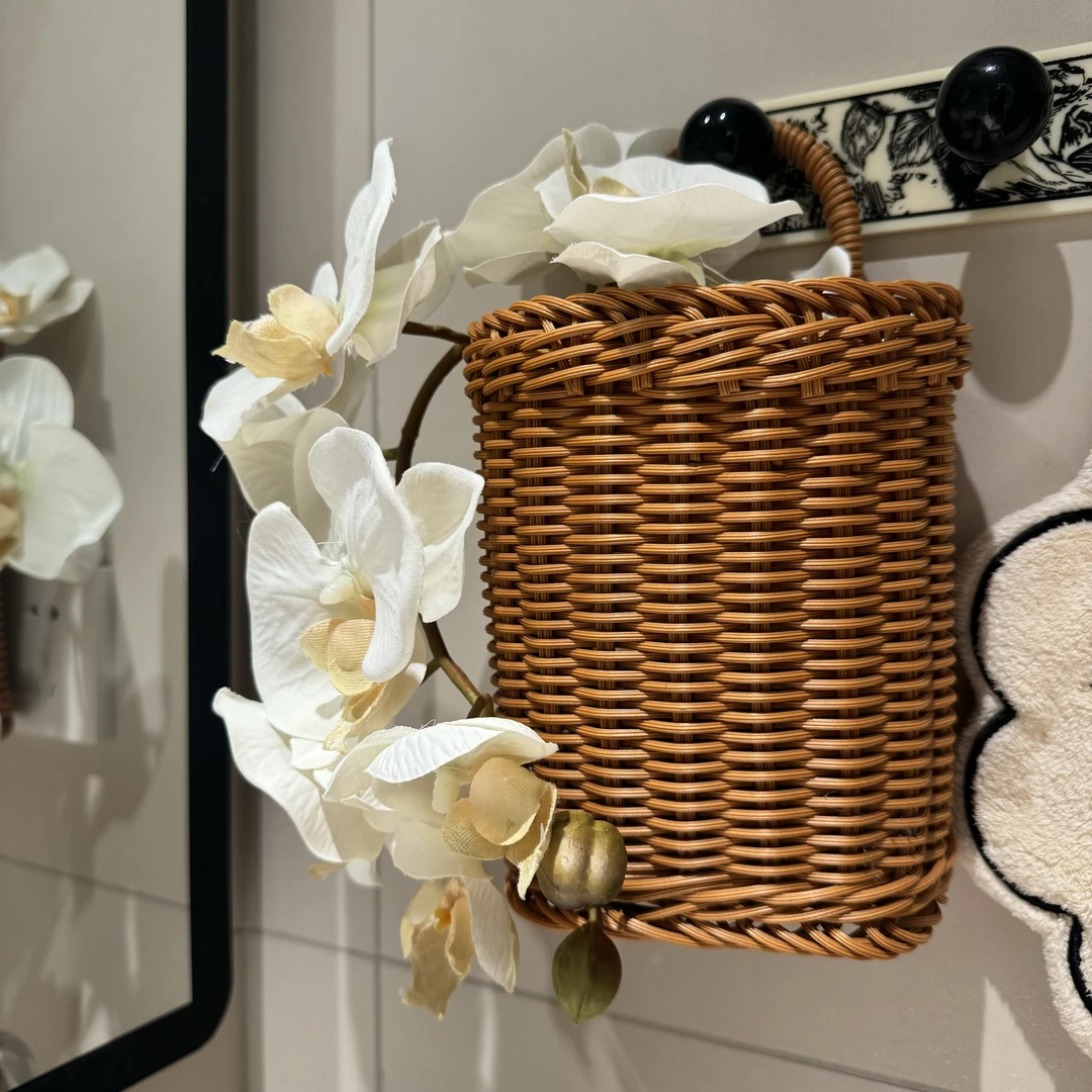 仿藤编织篮北欧厨房姜蒜收纳筐复古壁挂篮手提小花篮厨具挂篮