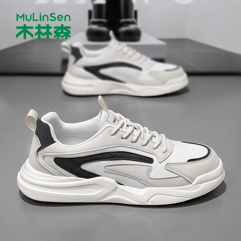 木林森小白鞋男款2025新款秋季皮面厚底增高运动男士工作休闲板鞋