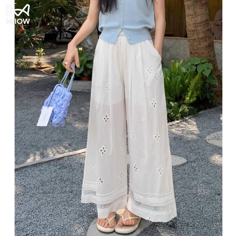 猫人刺绣镂空蕾丝拼接阔腿高腰休闲裤女夏2025新款宽松显瘦九分裤
