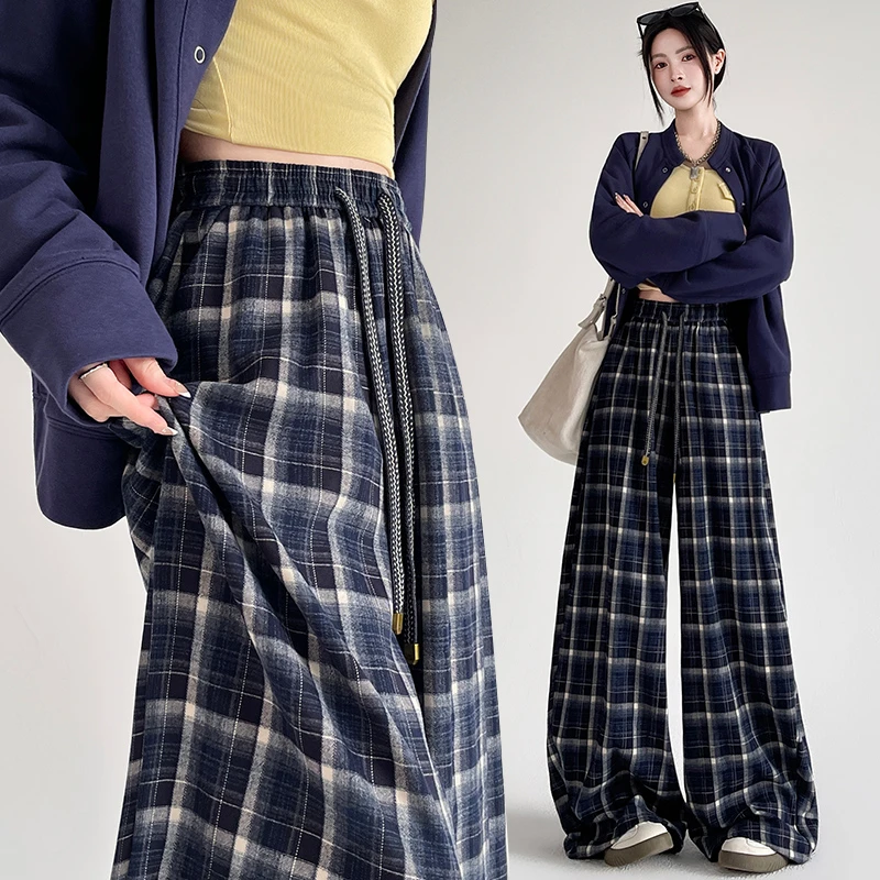 宽松格子秋季阔腿裤弯刀女装阔腿裤女款慵懒风裤子垂感女百搭
