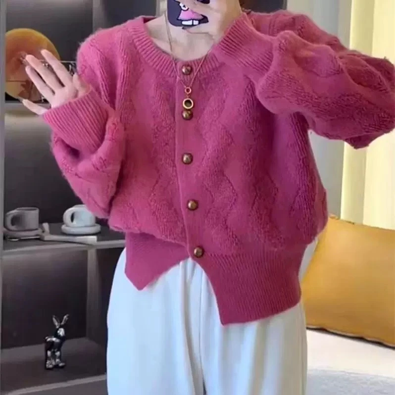 气质毛衣韩系小香风2024秋季新款立体感波浪花纹单排扣针织开衫女