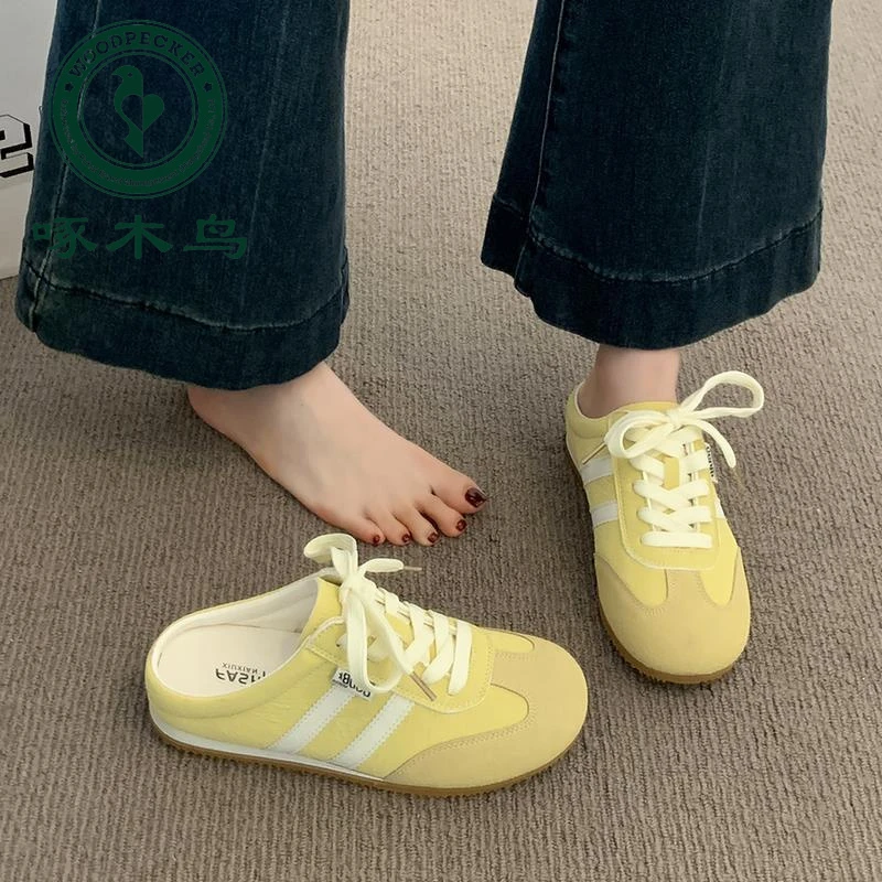 啄木鸟包头半拖鞋女夏外穿2025新款超火黄色德训鞋半托一脚蹬凉拖