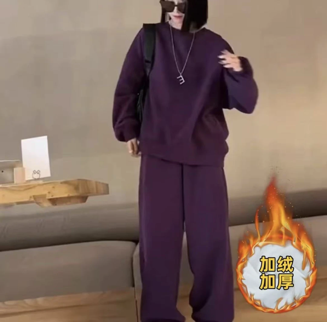 加绒加厚休闲运动套装女春秋2025新款宽松时尚紫色卫衣卫裤两件套