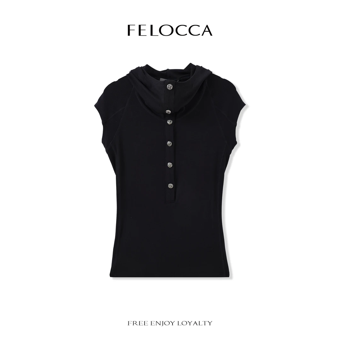 【FELOCCA】小众通勤百搭气质针织纽扣无袖连帽衫25STX077