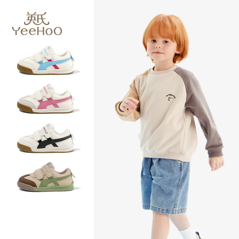 英氏童鞋女童魔术贴防滑拼色板鞋春季新款透气软底男童宝宝休闲鞋