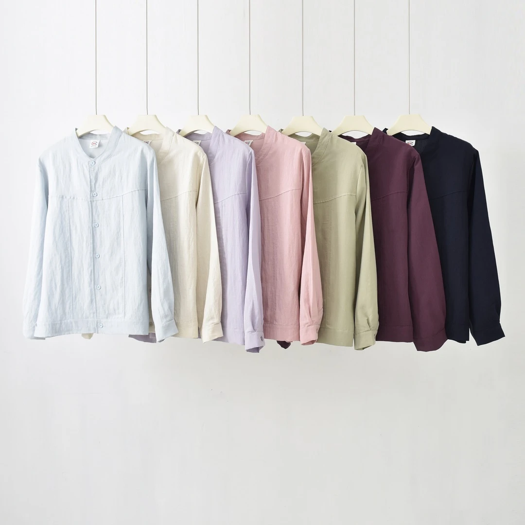 莱塞尔亚麻长袖立领透气高温定型衬衫衬衣上衣休闲简约外套951