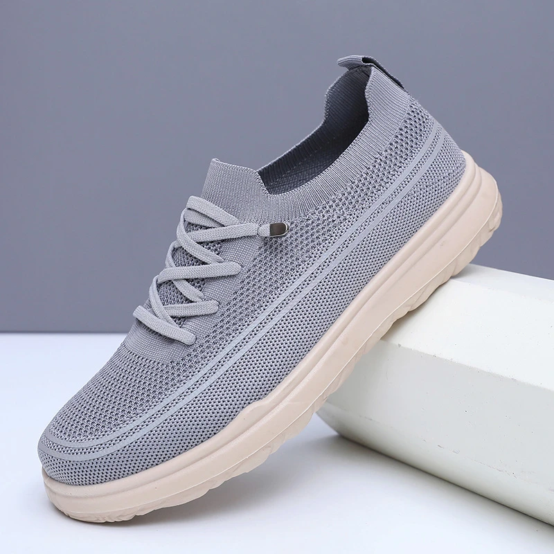 春秋新款透气轻便百搭休闲鞋飞织网面一脚蹬爸爸鞋时尚防滑平底鞋