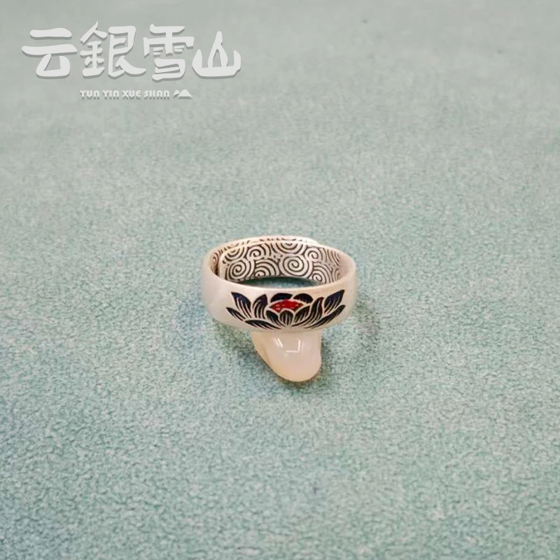云银雪山 足银戒指 珐琅莲花戒  百搭复古简约 FJ84