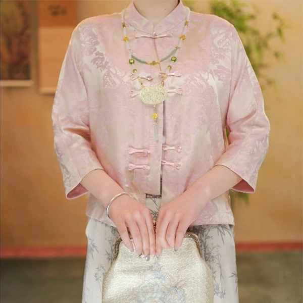 夏季新款宽松优雅中式提花上衣【微】