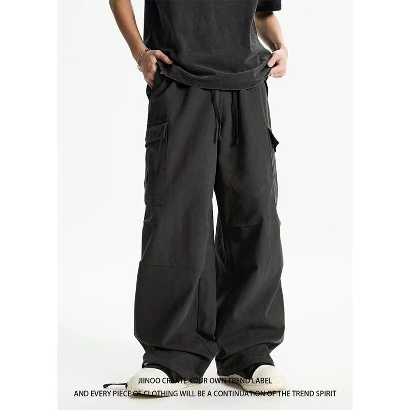 纯棉加厚工装休闲裤男秋季美式复古多口袋伞兵宽松阔腿裤潮流直筒