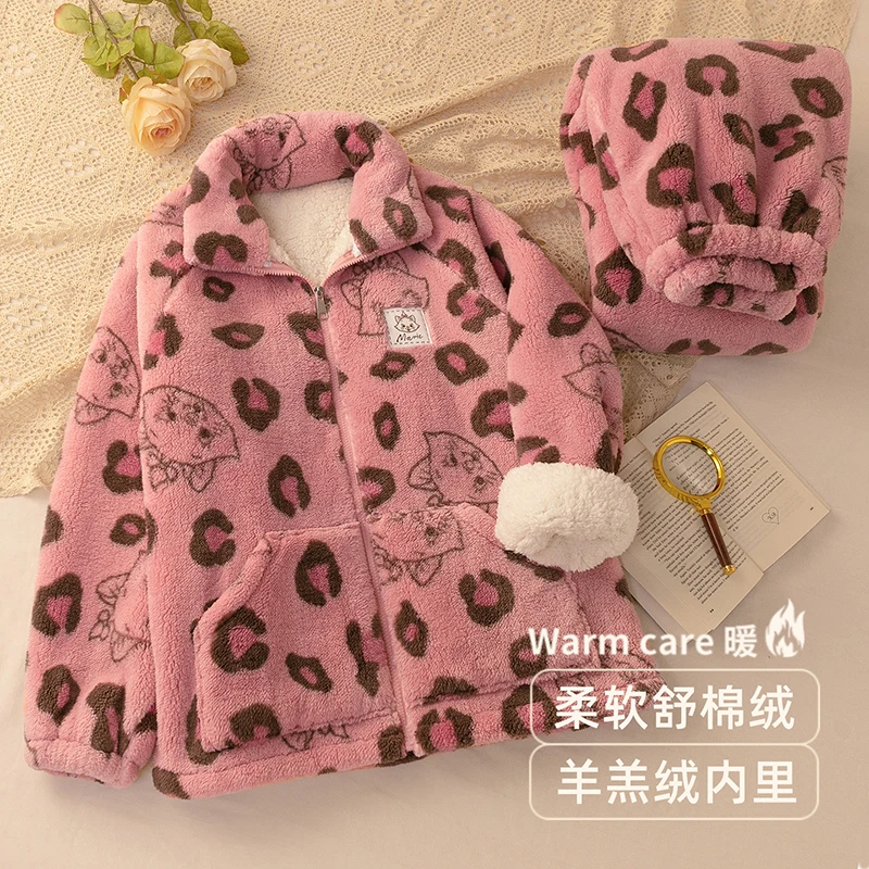 【双层加厚】玛丽猫睡衣女冬季珊瑚绒拉链羊羔绒家居服套装可外穿