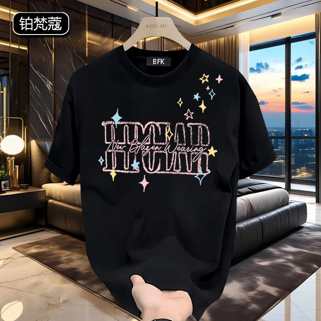 铂梵蔻宽松美式大码圆领上衣男士纯棉休闲潮夏季印花短袖痞帅T恤