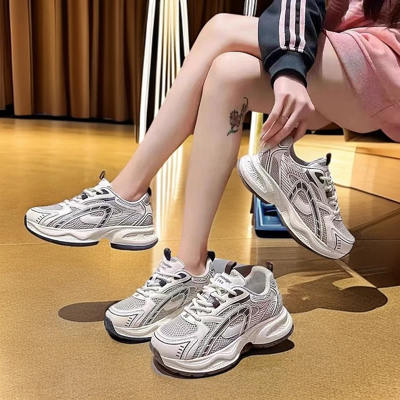 网面休闲鞋女2025夏季新款小个子增高轻便透气薄款厚底休闲运动鞋