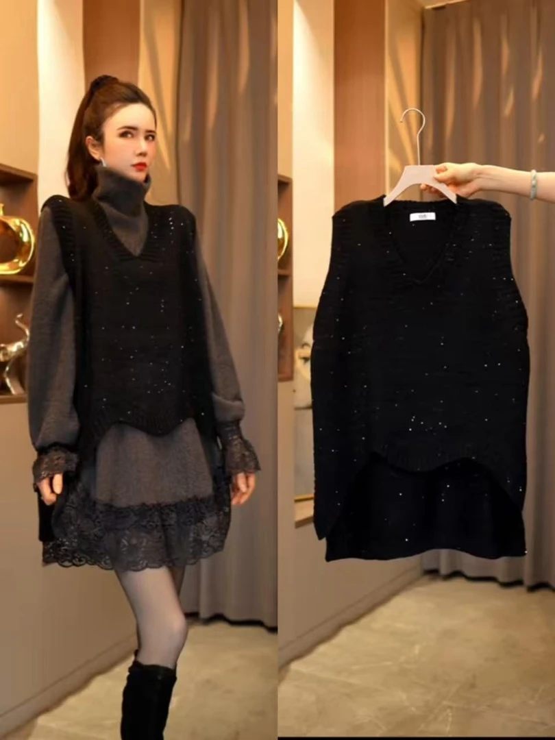 【9276#】秋冬新款V领亮晶晶不规则下摆马甲