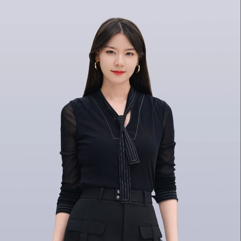 GIRDEAR/哥弟新款 V 领系带修身拼接网纱衬衫显瘦气质秋冬1300841